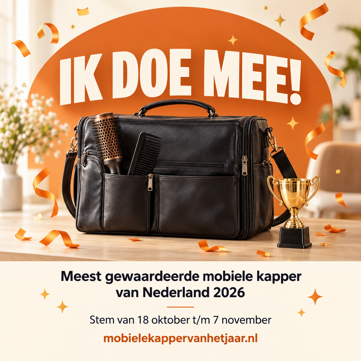 Algemene deelnamefoto met kapperstas, borstel, kam en trofee